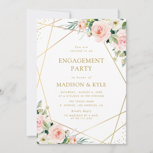 geometric blush pink floral engagement party invitation (Front)