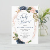 Geometric blush pink rose gold navy baby shower invitation (Standing Front)
