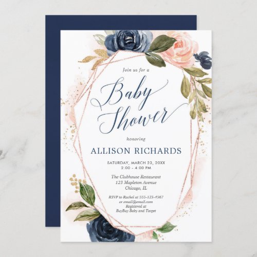 Geometric blush pink rose gold navy baby shower invitation