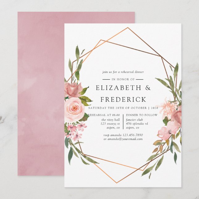 Geometric Blush Pink & Rose Gold Rehearsal Dinner Invitation (Front/Back)