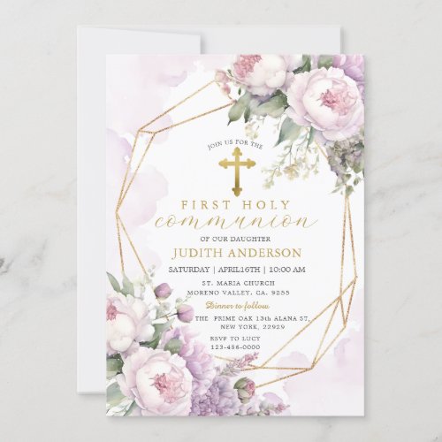 Geometric Blush Pink Roses First Holy Communion  Invitation