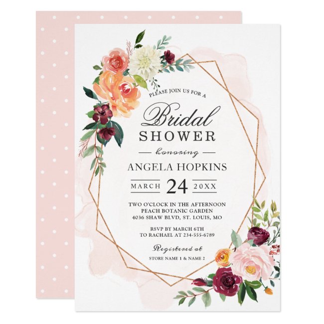 Geometric Blush Watercolor Floral Bridal Shower Invitation