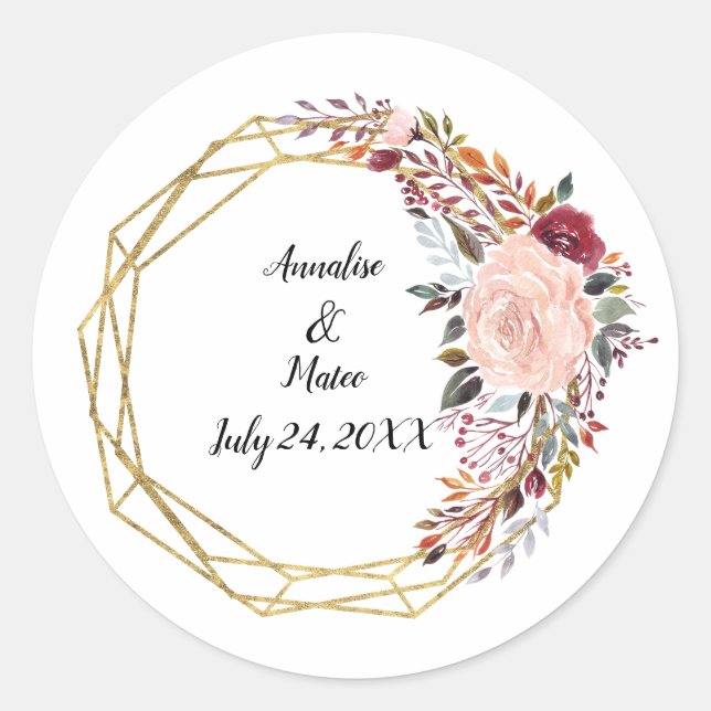 Geometric Boho Floral Wedding Couple Names & Date Classic Round Sticker (Front)