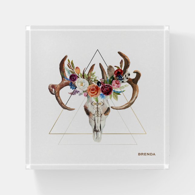 Geometric boho flowers & feathers bull skull paperweight (Front)