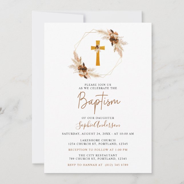 Geometric Boho Pampas Grass Girl Baptism Invitation (Front)