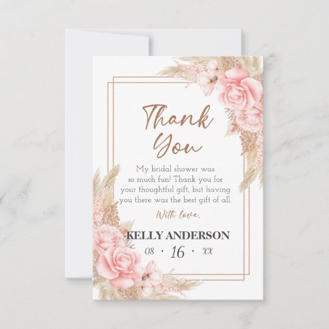 Geometric Boho Pampas Rose Gold Bridal Shower Thank You Card (Front)