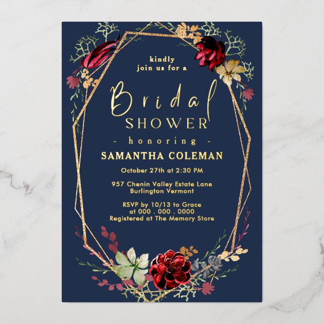 Geometric Boho Wildflower Blue Navy Bridal Shower Foil Invitation (Front)