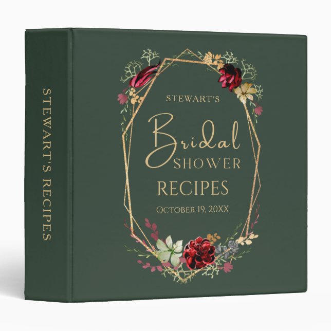 Geometric Boho Wildflower Dark Green Bridal Shower 3 Ring Binder (Front/Spine)