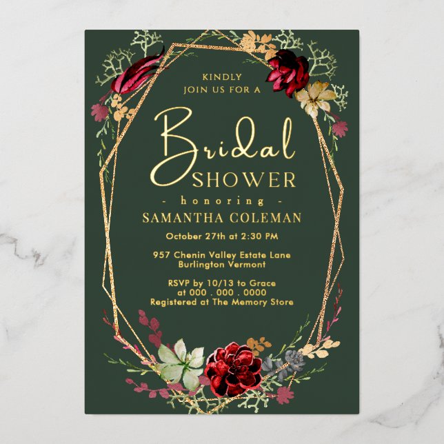Geometric Boho Wildflower Dark Green Bridal Shower Foil Invitation (Front)