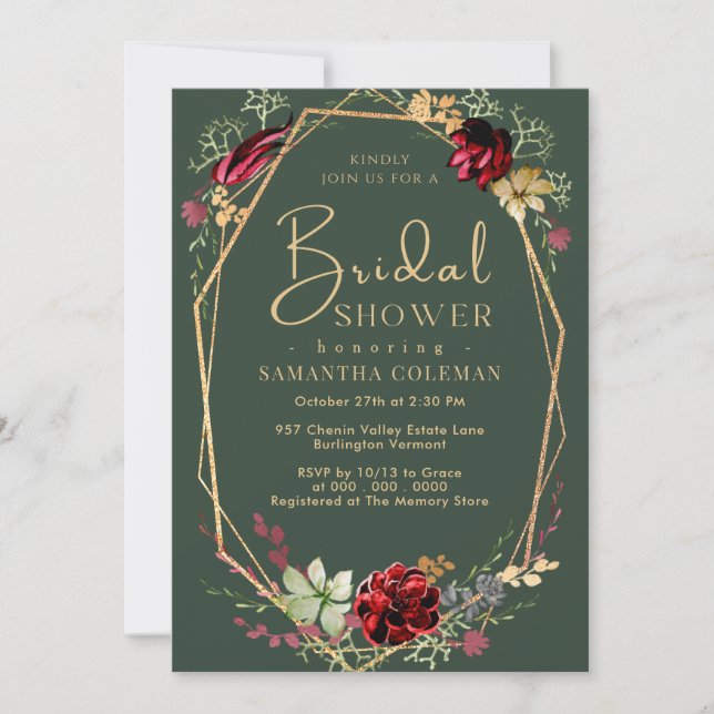 Geometric Boho Wildflower Dark Green Bridal Shower Invitation (Front)