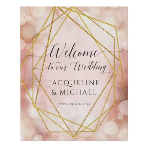 Geometric Bokeh Pink Gold Wedding Welcome Sign