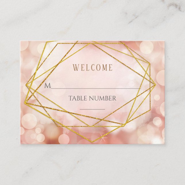 Geometric Bokeh Pink Wedding Table Place Cards (Front)