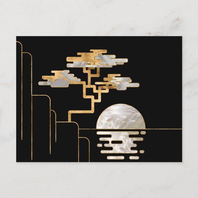 Geometric Bonsai and Moon -Pearl and gold Postcard (Front)