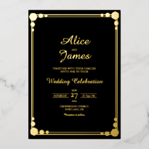 Geometric Border Elegant Black Gold Foil Wedding Invitation