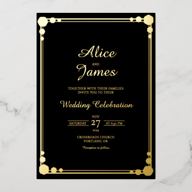 Geometric Border Elegant Black Gold Foil Wedding Invitation (Front)