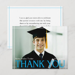 Geometric Border Graduation Full-Photo Blue Thank You Card