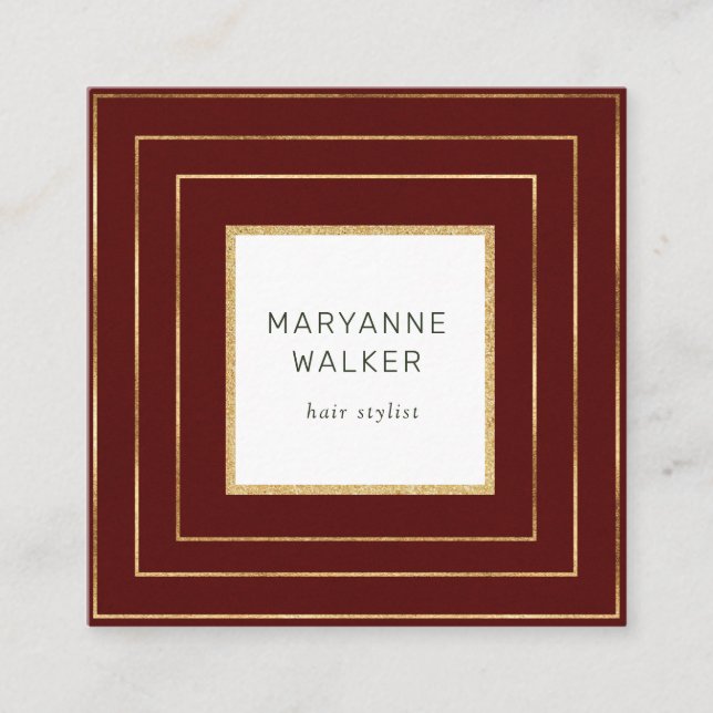geometric border red salon hairstylist elegant square business card (Front)