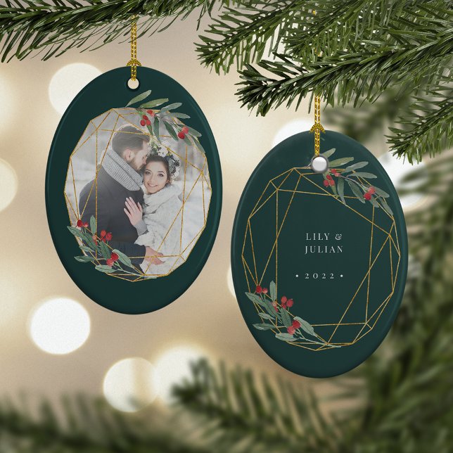 Geometric Botanical Border Photo Ceramic Ornament (Creator Uploaded)