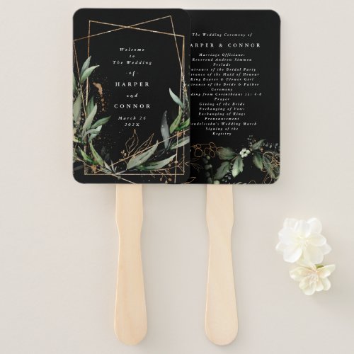 Geometric Botanical Eucalyptus Black Premium Hand Fan