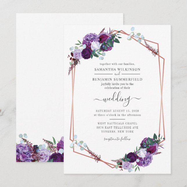 Geometric Botanical Floral Purple Greenery Wedding Invitation (Front/Back)