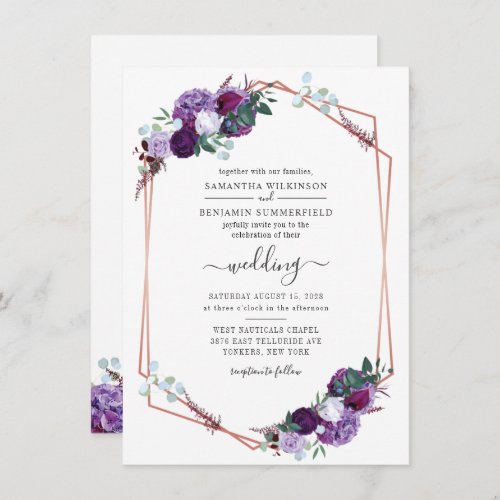 Geometric Botanical Floral Purple Greenery Wedding Invitation