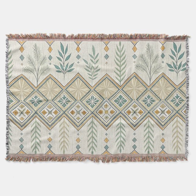 Geometric Botanical Folk Art Seamless Pattern Throw Blanket (Front)