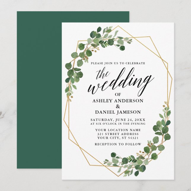 Geometric Botanical Green Eucalyptus Wedding Invitation (Front/Back)