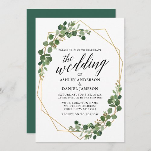Geometric Botanical Green Eucalyptus Wedding Invitation
