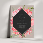 Geometric Botanical Pink Floral Wedding Invitation<br><div class="desc">Botanical wedding design with greenery and pink flowers with gray background.  White text over gray geometric design at center.</div>
