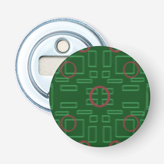 Geometric Boxes on Green Button Bottle Opener (Front)
