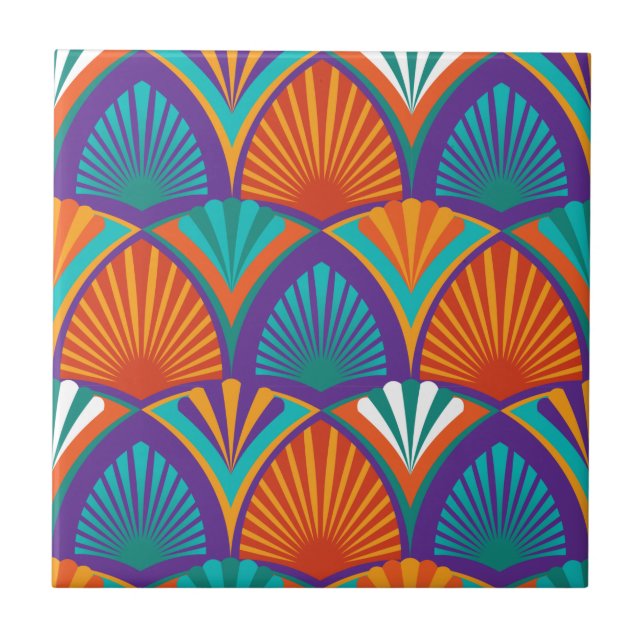Geometric bright pattern with palm leaves, flowers ceramic tile (Front)