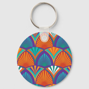 Geometric bright pattern with palm leaves, flowers keychain