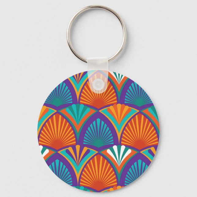 Geometric bright pattern with palm leaves, flowers keychain (Front)