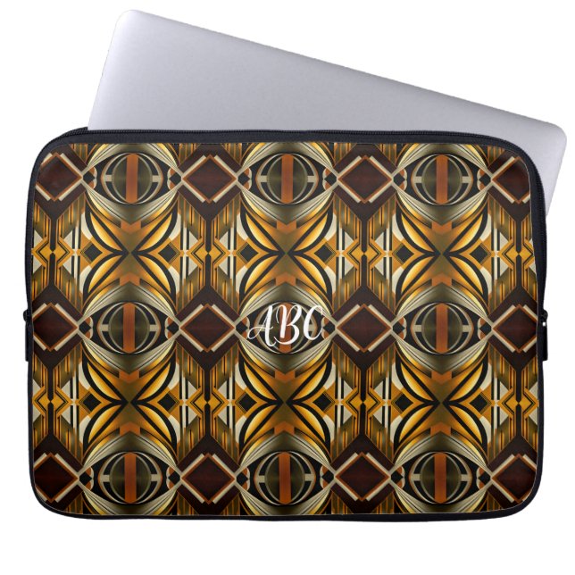 Geometric Brown and Gold Geometric Pattern Laptop Sleeve (Front)
