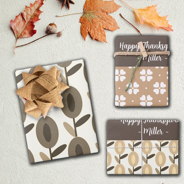 Geometric Brown Florals Custom Name Wrapping Paper Sheets (Creator Uploaded)