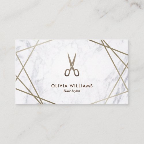 Geometric Brown Gold Scissors Marble Hair Stylist Business Card