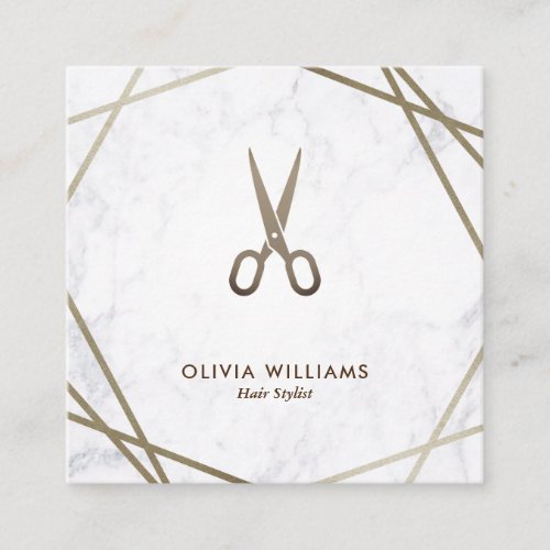 Geometric Brown Gold Scissors Marble Hair Stylist Square Business Card