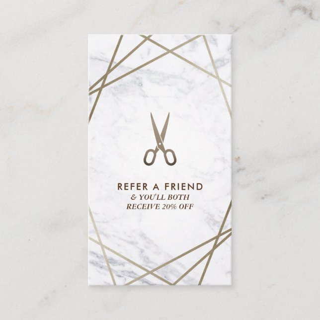 Geometric BrownScissors Marble Hair Refer Vertical Business Card (Front)
