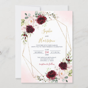 Geometric Burgundy and Blush Floral Wedding Invitation