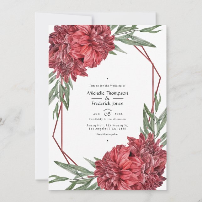 Geometric Burgundy and White Floral Wedding Invitation (Front)