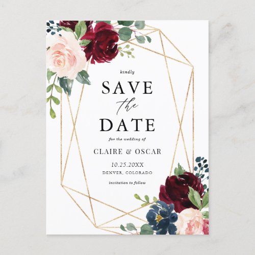 Geometric Burgundy Autumn Flowers Save the Date Announcement Postcard