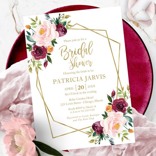 Geometric Burgundy Blush Floral Bridal Shower Invitation