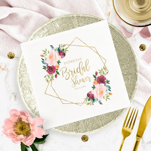 Geometric Burgundy Blush Floral Bridal Shower Napkins