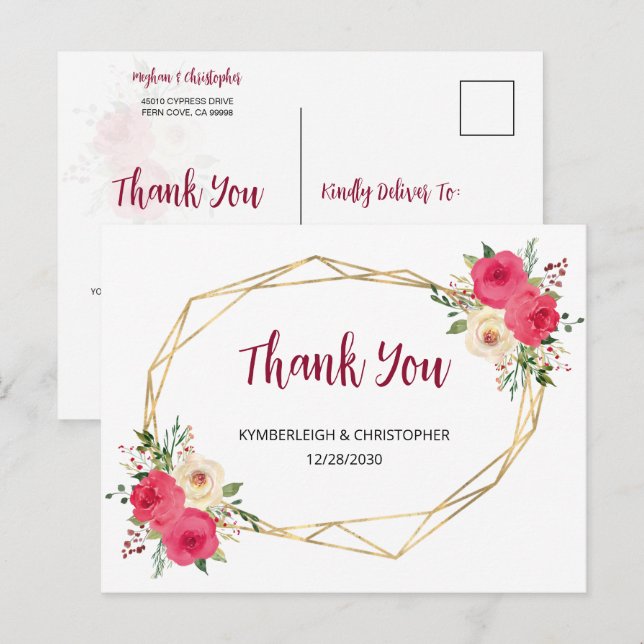 Geometric Burgundy Boho Floral Wedding Thank You Postcard (Front/Back)
