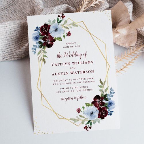 geometric burgundy  Dusty blue floral wedding Invitation