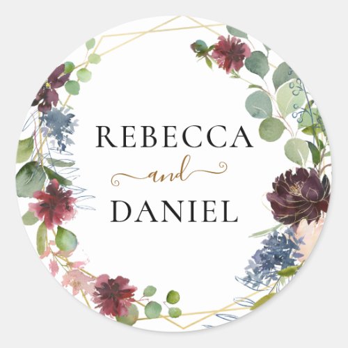 Geometric Burgundy Floral Personalized Wedding Classic Round Sticker - Designed to coordinate with our Rustic Burgundy Navy Blooms wedding collection, this customizable sticker card, features a gold geometric frame adorned with watercolor eucalyptus leaves & delicate burgundy and navy florals, paired with a trendy script font in gold and classy serif font in black.