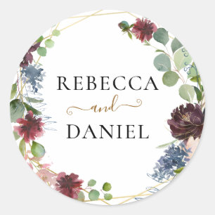 Geometric Burgundy Floral Personalized Wedding Classic Round Sticker