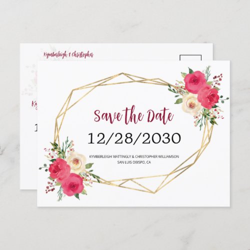 Geometric Burgundy Floral Wedding Save the Date Announcement Postcard