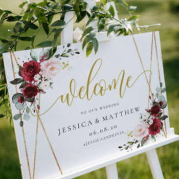 Geometric Burgundy Floral Welcome Sign Foam Board by Precious_Presents at Zazzle
