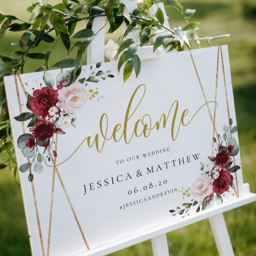 Geometric Burgundy floral Welcome Sign Foam Board